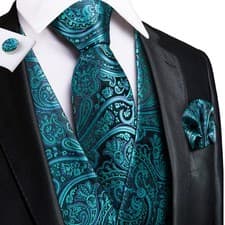 Image of Mens Waistcoat Red Blue Gold Black Vest Tie Hankie Cufflinks Set Wedding Formal