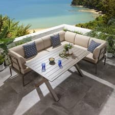 Image of 6-Seater Aluminium Garden Dining Set Metal Outdoor Bench & Table in Beige L3