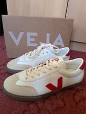Image of Veja Trainers UK Size 7 Red Leather Volley Sneakers White Perkin Bark Cream