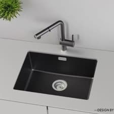 Image of Single Bowl Undermount Black Granite Composite Kitchen Sink 600x450x215mm