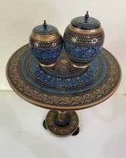 Image of Naksheen Coffee Table -Hand painted Round Wooden Side Table with Art - Blue