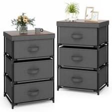 Image of 3-Tier Bedside Table Set of 2 Grey Storage Cabinet Organizer with Drawers