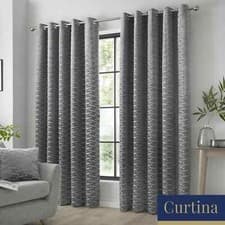 Image of Curtains Pair Kendal Geometric Jacquard Woven Eyelet Curtina Charcoal