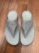 Image of Women’s FitFlop Lulu Silver/Blue Glitter Toe Thong Sandals Mule Size Uk 6 BNWOT