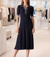 Image of Trenery Cotton Cashmere Blend Rib Knit Polo Midi Dress Navy Size M RRP $280 BNWT