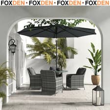 Image of 4 Seater Rattan Dining Set with Parasol and Cushions Tempered Glass Table - Grey