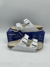 Image of Men’s Birkenstock Arizona Slip On Leather Sandals White Silver UK 7.5 EU 41 New