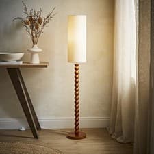 Image of Wyatt Walnut Bobble Wood Floor Lamp Tall Natural Linen Lampshade Living Room LED