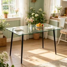 Image of Clear Tempered Glass & Black Leg Rectangular 4 Seater Dining Table 120×70×75cm