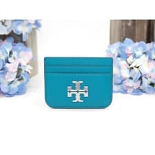 Image of Tory Burch Transkei Blue Leather Eleanor Logo Card Case Mini Wallet NWT