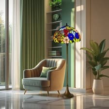 Image of Tiffany Floor Lamp 16 Inch Flowered Stained Glass Multicolor Vintage Standing La
