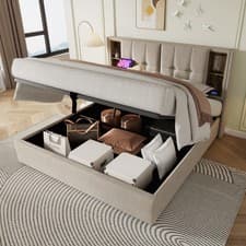 Image of Ottoman Bed, 5ft King Size Bed Frame with Storage, Linen Fabric Upholstered Bed