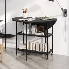 Image of Foldable Round Dining Table with Storage Shelves & Wheels Black