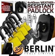 Image of 4 x Keyed Alike Heavy Duty WATER PROOF Padlocks 40mm Hardened Steel Rubber Case
