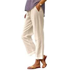 Image of Women Summer Beach Cotton Linen Pants Ladies Casual Loose Elastic Waist Trousers