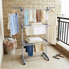 Image of 3 Tier Airer Strong Foldable Clothes Drying Rack with Wheels Indoor Outdoor UK