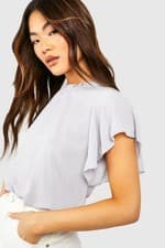 Image of Women's Boohoo Light Grey Woven Frill Sleeve And Neck Blouse - Size 12