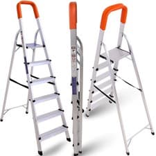 Image of Lightweight Step Ladders 6 Step, Compact Aluminium, Portable Tall Folding Ladder