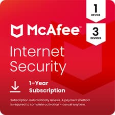 Image of McAfee Internet Security Antivirus 2026 1, 3 Device 1 Year Auto-Renewal Digital