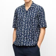 Image of Hugo Boss Men's BOSS Lars Palm Tree Tropical Vibe SS Camp Shirt Regular Fit Blue