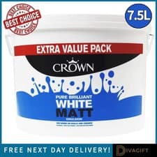 Image of CROWN MATT EMULSION PAINT PURE BRILLIANT WHITE 7.5L FOR WALLS & CEILINGS NEW