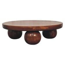 Image of Solid Mango Wood Coffee Table Chestnut Round Living Room Centre Table Ball Feet