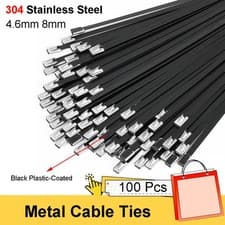 Image of 100x Stainless Steel Metal Cable Ties Black Plastic-Coated 4.6mm 8mm Cable Ties