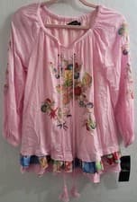 Image of NWT Calessa Pink Sz S Floral Embroidered Crinkle Sleeve Round Neck Tassel Boho