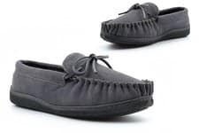 Image of Mens Moccasin Slippers Boys Suede Slippers Slip On Moccasins Real Leather Grey
