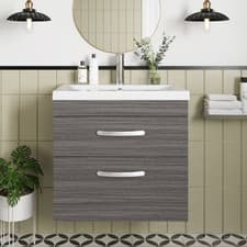 Image of Nuie Athena Wall Hung 2-Drawer Vanity Unit Basin 2 Anthracite Woodgrain 600mm