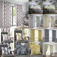 Image of Modern Fusion Leaves Geometric Abstract Design Eyelet Lined Curtains / Cushions