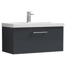 Image of Nuie Arno Satin Soft Black 800mm Wall Hung Single Drawer Vanity Unit and Thin Ed
