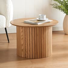 Image of Coffee Table Round Light Oak Finish Living Room Furniture Panel Design Display