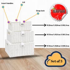 Image of Storage Basket White Resin Woven Hamper Box With Lid & Lock In 3 Size