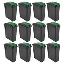 Image of 12 x 25L Recycle Slimline Bins Green Lid Food Trash Waste Storage Dustbins Cafe