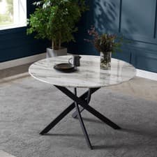 Image of Marble Round Dining Table 4-6 Seater White Marble Table Dining Set Black Legs