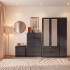 Image of Modern 3 Piece Bedroom Set Bedside Cabinet Chest of Drawers Wardrobe Mirror