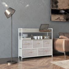 Image of Chest of Drawers 5 Fabric Drawer Dresser w/Open Shelves, Refurbished