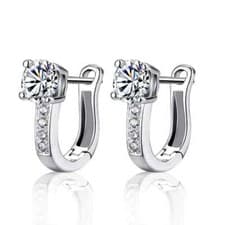 Image of Real 925 Sterling Silver Sparkling crystal pave U-Shape Lock Hoop Earrings round