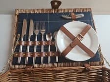 Image of New Wicker Picnic Hamper 2 Person Blue Tweed Woven Basket with Cutlery, Plates