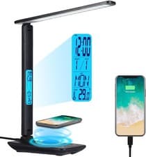 Image of LED Desk Lamp Wireless Charger USB Clock Dimmable Study Light Phone Holder