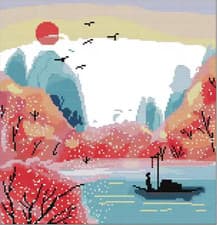 Image of Counted Cross Stitch Kit 14 ct Riverside Sunset 35x36cm Joy Sunday DIY UK