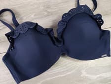 Image of NEW Boux Avenue Amora Embroidered Bikini Top Frill Detail Swim Bra Swimsuit Navy