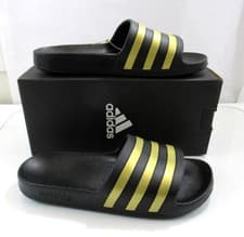 Image of Women's adidas Adilette Aqua Comfort Stripe Slide Sandals Black / Gold Size 9