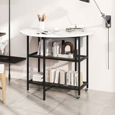 Image of Foldable Round Dining Table with Storage Shelves & Wheels White