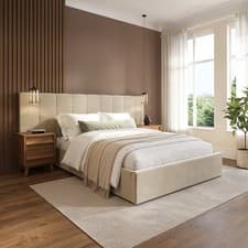 Image of Beige Velvet Double Ottoman Bed with Wide Headboard - Iman IMN001DA