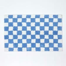 Image of Cotton Chequered Pattern Bath Mat with Bright Checks & Non Slip Latex Backing