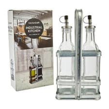 Image of Industrial Kitchen Galvanised Steel Glass Oil and Vinegar Cruet Set Bottle Stand