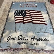 Image of United We Stand 9/11 woven throw blanket afghan American flag patriotic fringe *