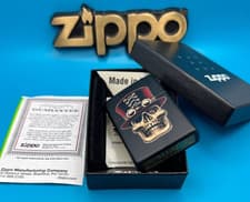 Image of Genuine Brand New 2021 ZIPPO Lighter Rare GRINNING STEAMPUNK SKULL Satin Black